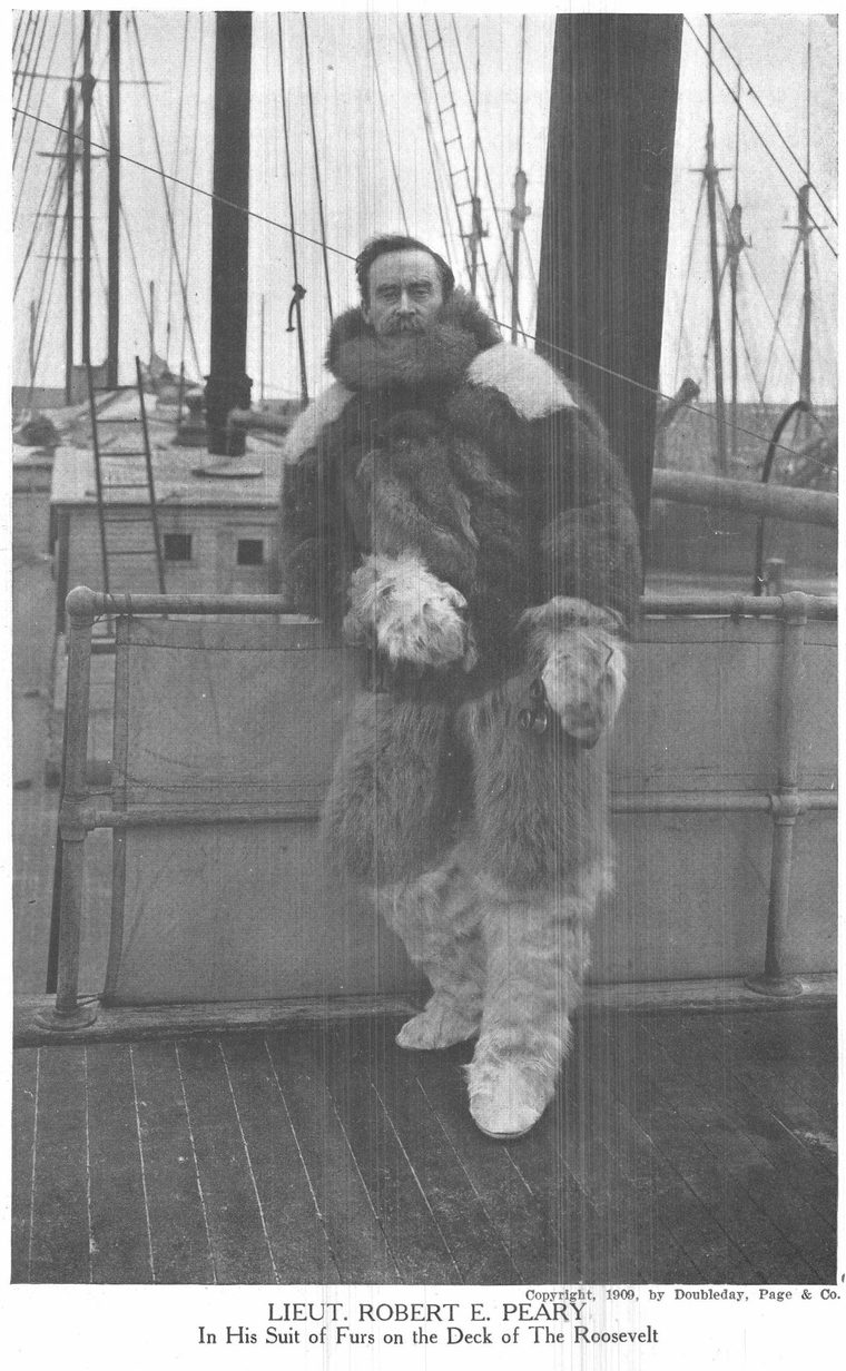 Lieut. Robert E. Peary in his suit of furs on the deck of the Roosevelt