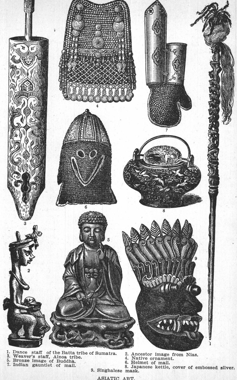 Asiatic Art. Dance staff of the Batta tribe of Sumatra. Bronze image of Buddha