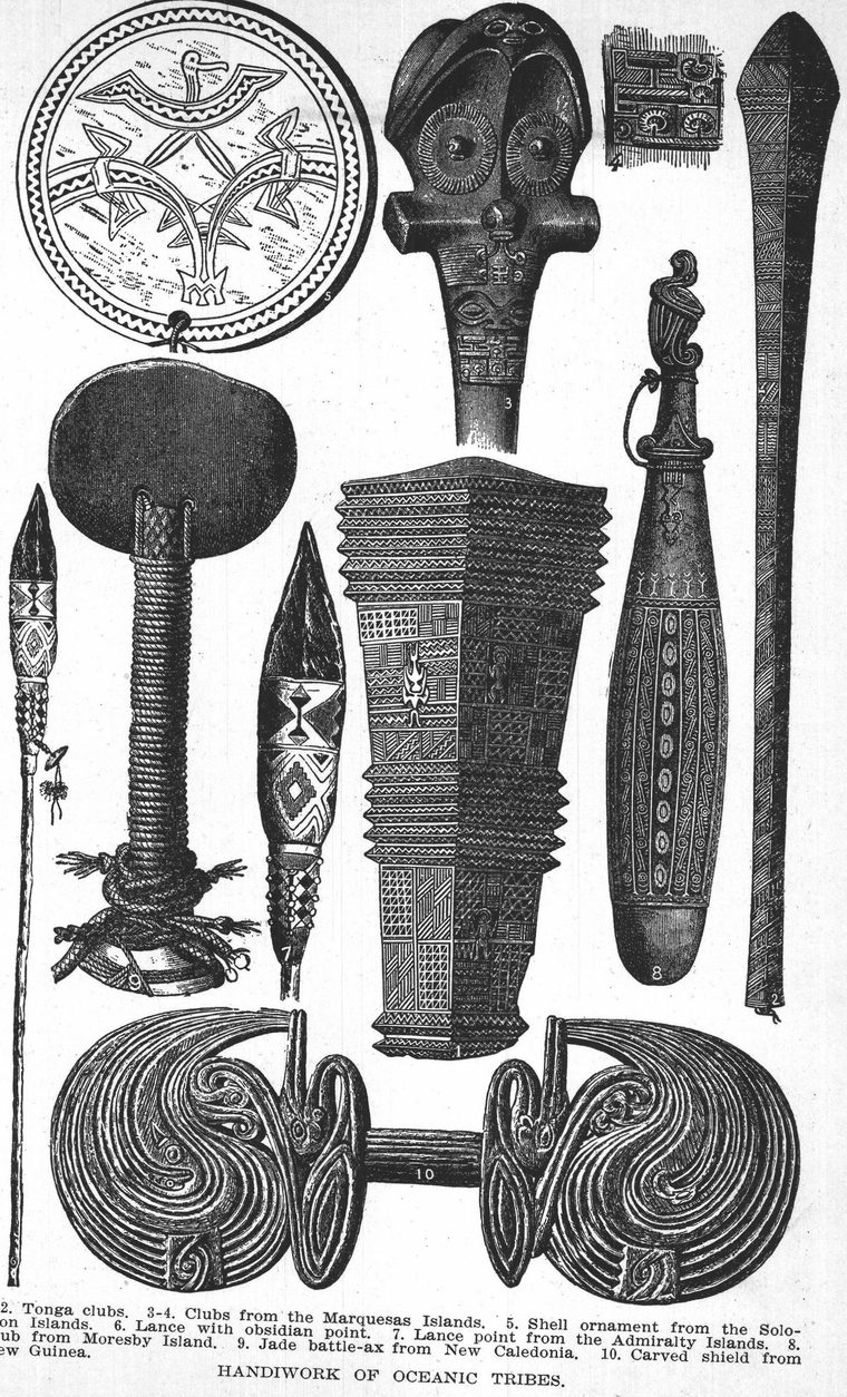 Handiwork of oceanic tribes. Tonga clubs, Marquesas Islands, shield from New Guinea