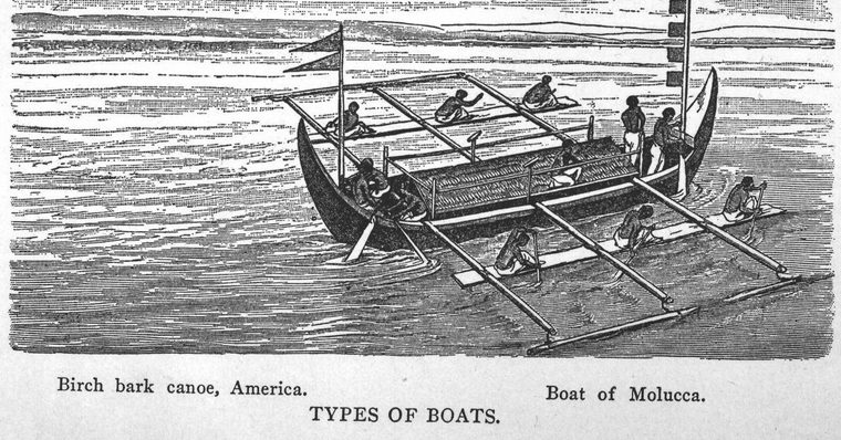 Birch bark canoe, America. Boat of Molucca. Types of boats