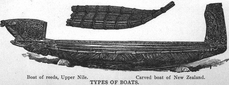 Boat of reeds, Upper Nile. Carved boat of New Zealand. Types of boats