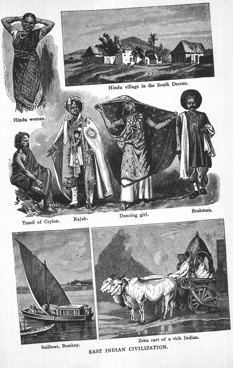 Sailboat, Bombay. Zebu cart of a rich Indian. East Indian civilization