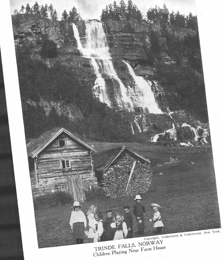 Trinde Falls, Norway. Children Playing Near Farm House