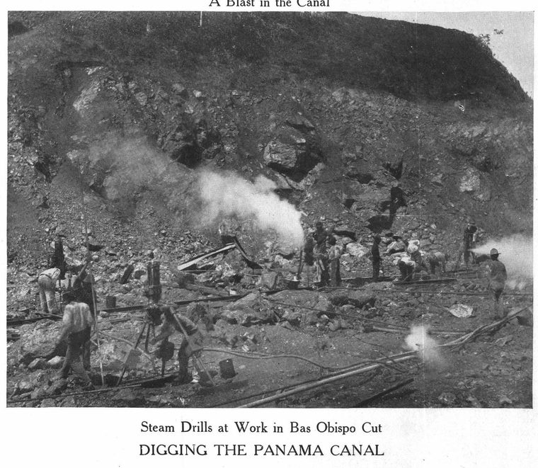 Steam Drills at Work in Bas Obispo Cut. Digging the Panama Canal