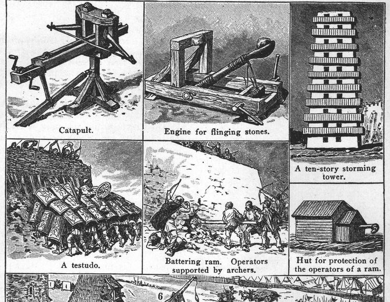 A testudo. Battering ram. Siege machines