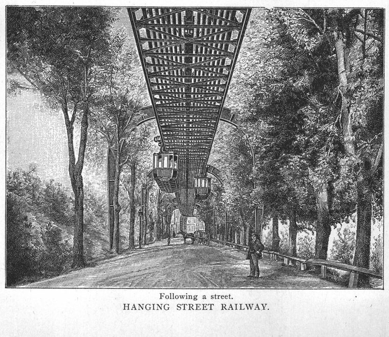 Following a street. Hanging street railway