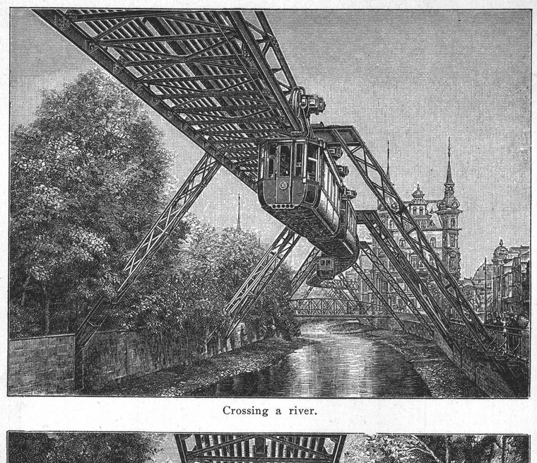Crossing a river. Hanging street railway