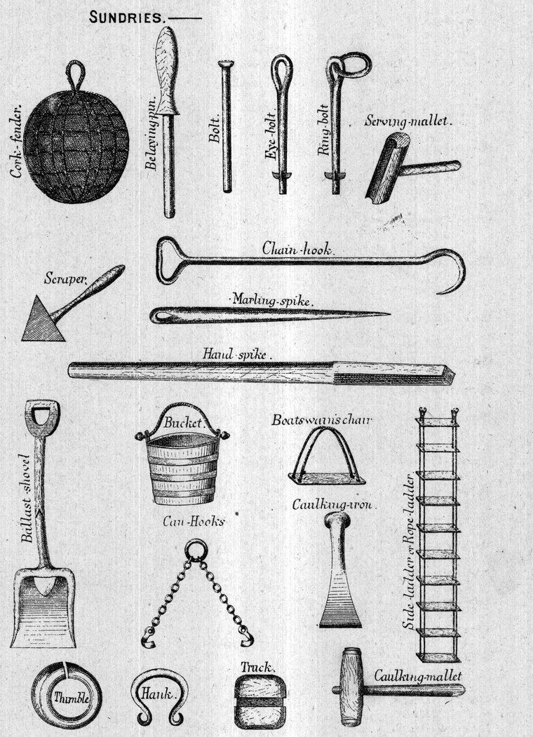 Sundries — fender, belaying-pin, bolts, serving-mallet, scraper, chain-hook, marling-spike, hand-spike, ballast-shovel, bucket, boatswain's chair, can-hooks, caulking-iron, ladders, thimble, hank, truck and caulking-mallet