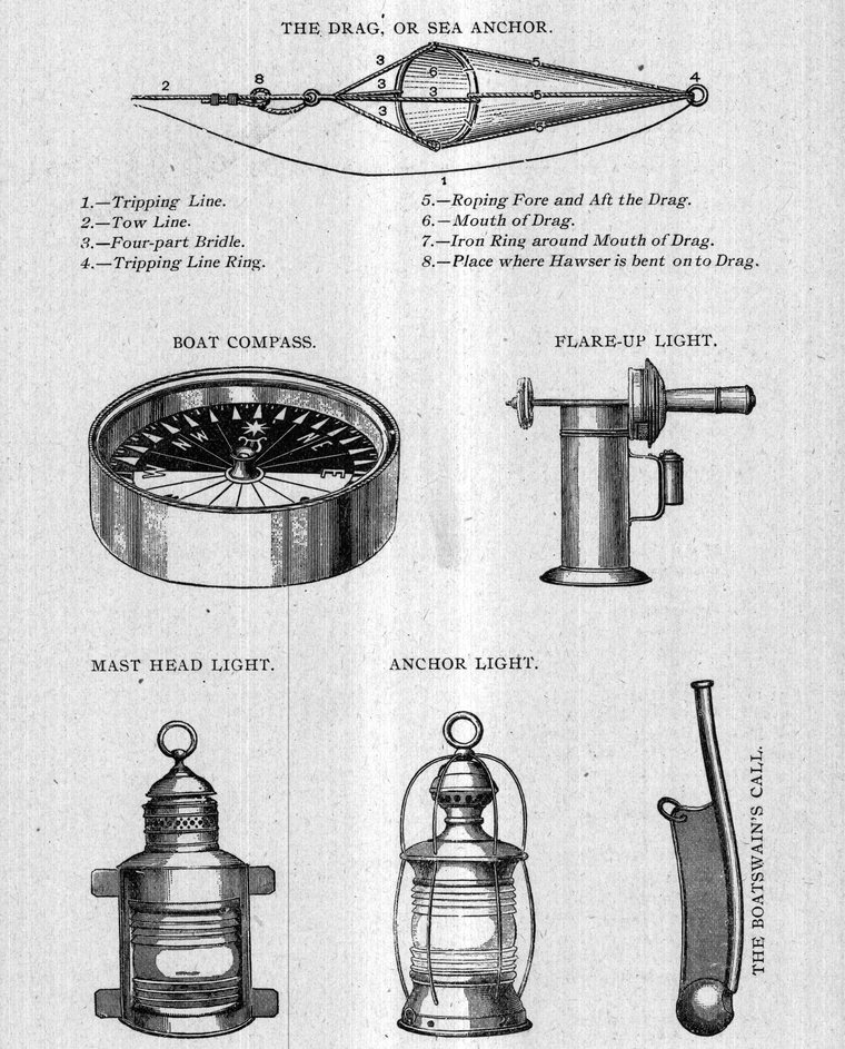 The drag or sea-anchor, boat compass, flare-up light, mast-head light, anchor light and the boatswain's call