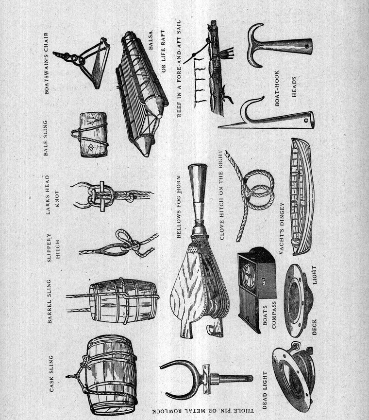 Boat gear — balsa or life raft, boatswain's chair, bale, barrel and cask slings, lark's head, slippery hitch, bellows fog-horn, boat-hook heads, yacht's dingey, deck and dead lights, thole pin and rowlock