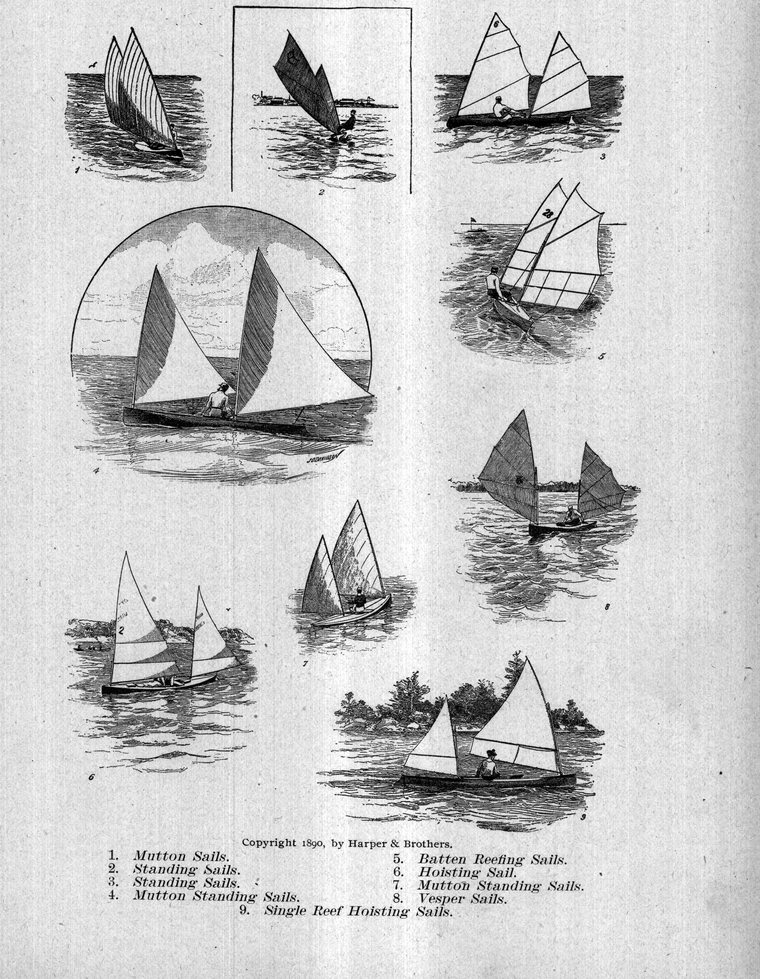 Modern racing canoes — mutton, standing, batten-reefing, hoisting and vesper sails
