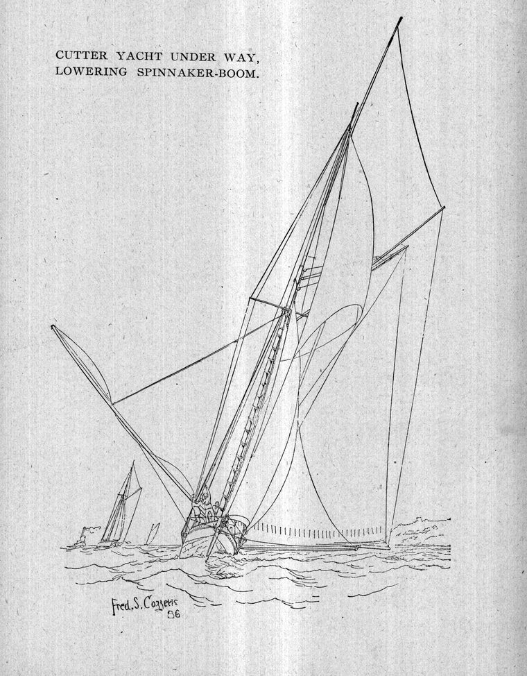 Cutter yacht under way, lowering spinnaker-boom