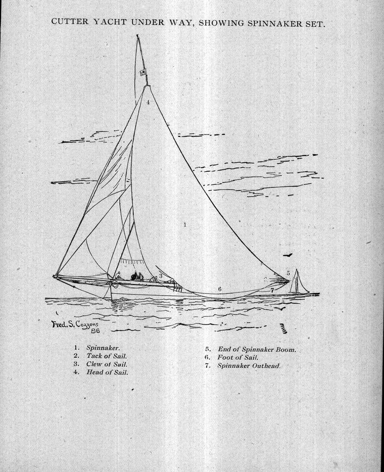 Cutter yacht under way, showing spinnaker set