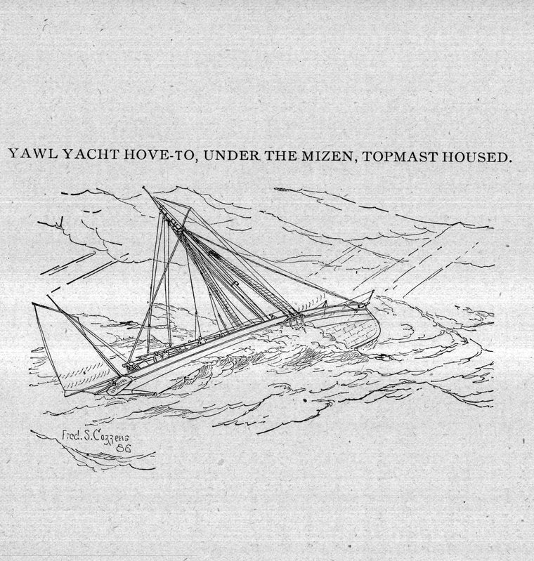 Yawl yacht hove-to under the mizen, topmast housed