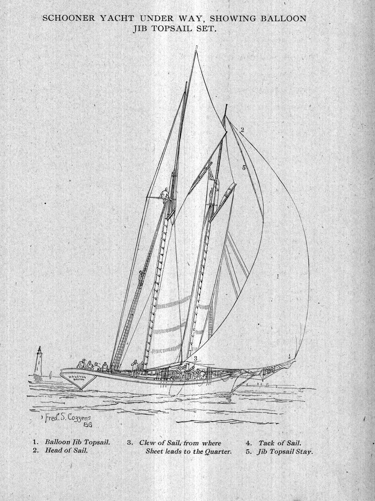 Schooner yacht under way, showing balloon jib topsail set