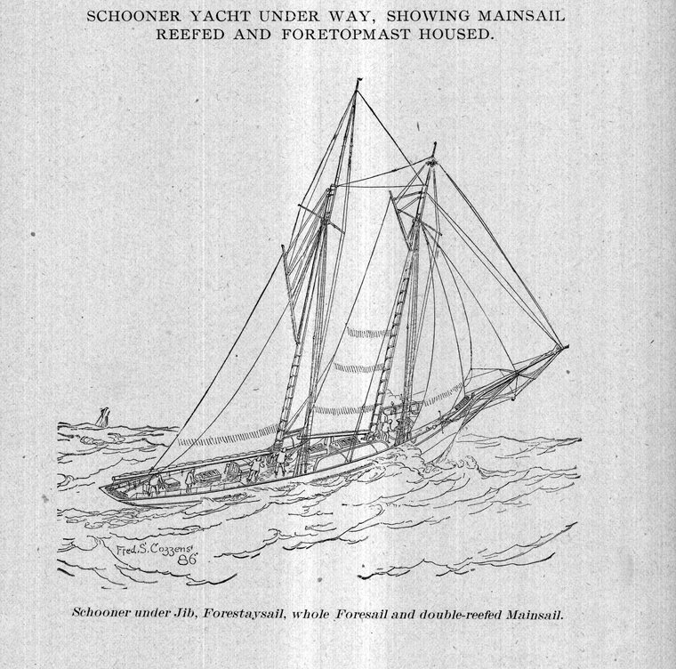 Schooner under jib, forestaysail, whole foresail and double-reefed mainsail — foretopmast housed