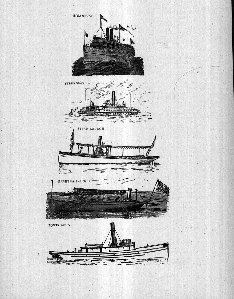 Steamboat, ferryboat, steam launch, naphtha launch and towing-boat