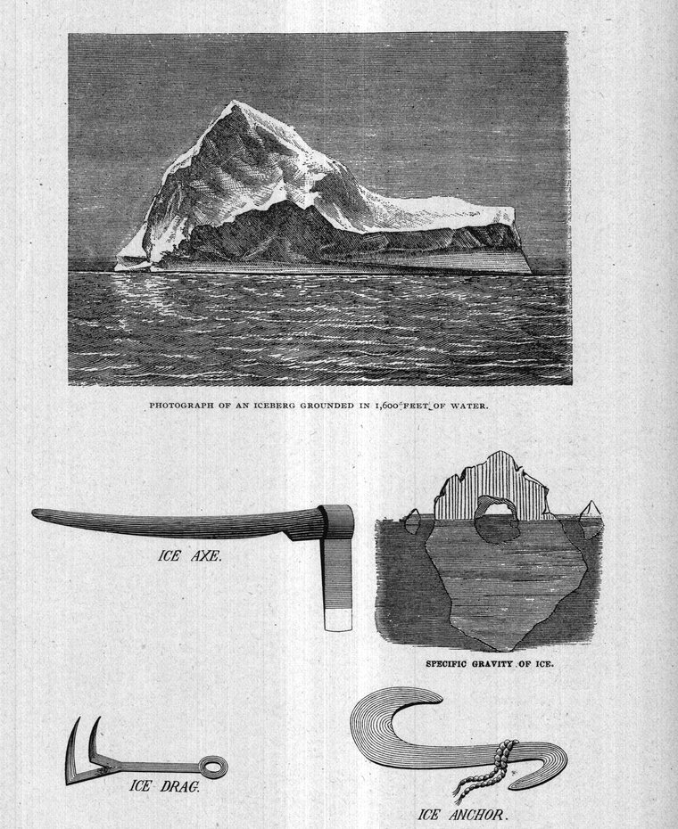 An iceberg grounded in 1,500 feet of water; ice axe, ice drag and ice anchor; the specific gravity of ice