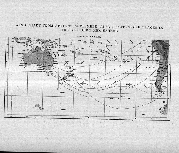 Wind chart from April to September, with great circle tracks in the southern hemisphere — Pacific Ocean