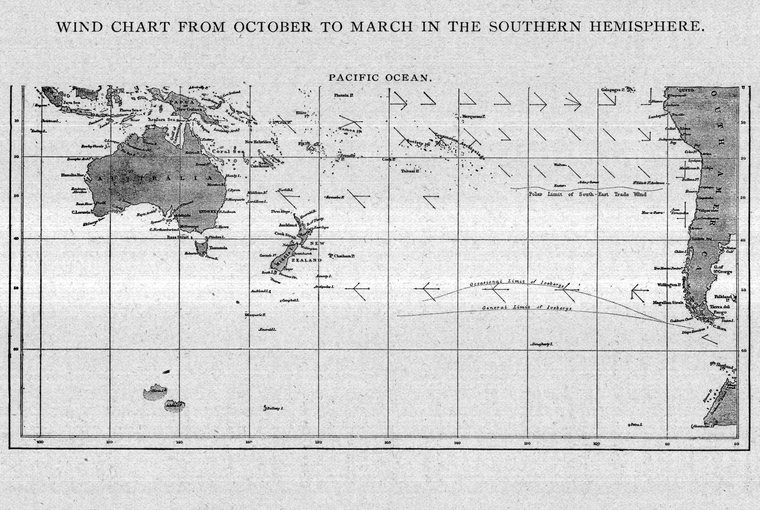 Wind chart from October to March in the southern hemisphere — Pacific Ocean