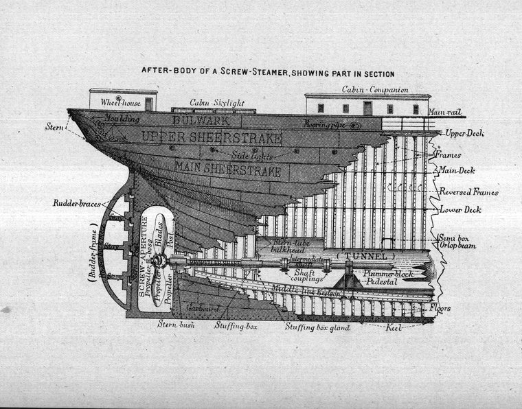 After-body of a screw-steamer, showing part in section — tunnel, shaft and screw aperture