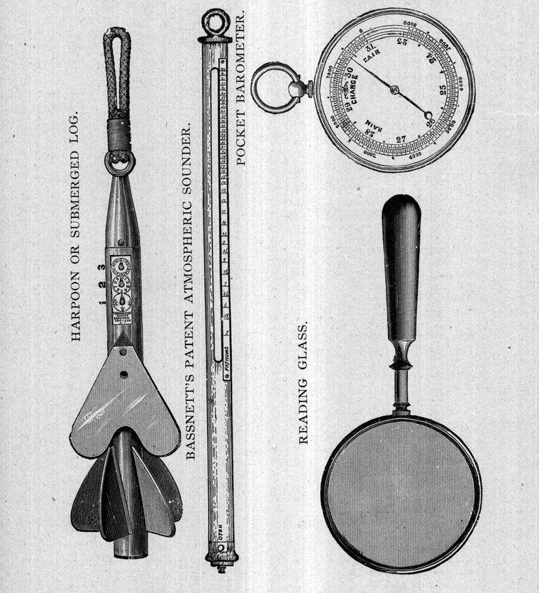 Harpoon or submerged log, Bassnett's patent atmospheric sounder, pocket barometer and reading glass
