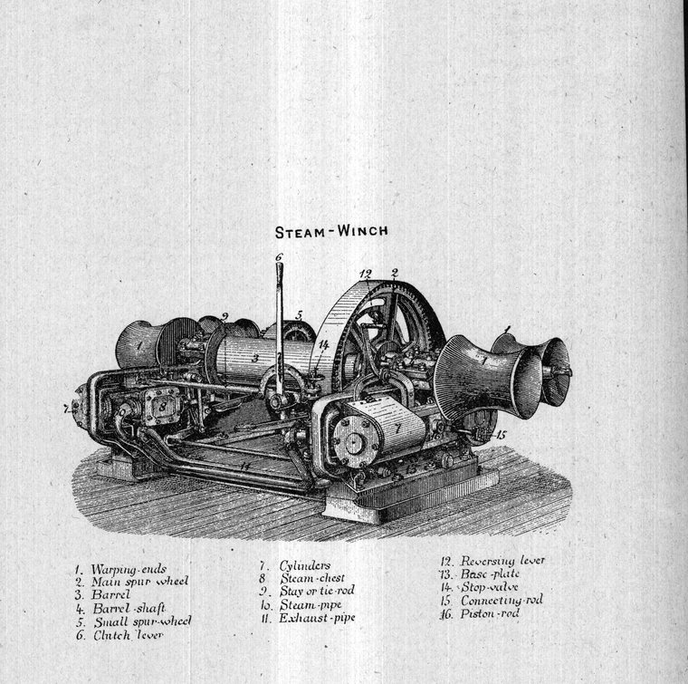 Steam-winch, with its parts named