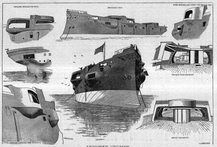 Armored cruiser, with details of ram bow, barbette and fighting tops