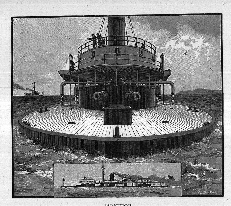 Monitor — a double-turreted monitor at sea
