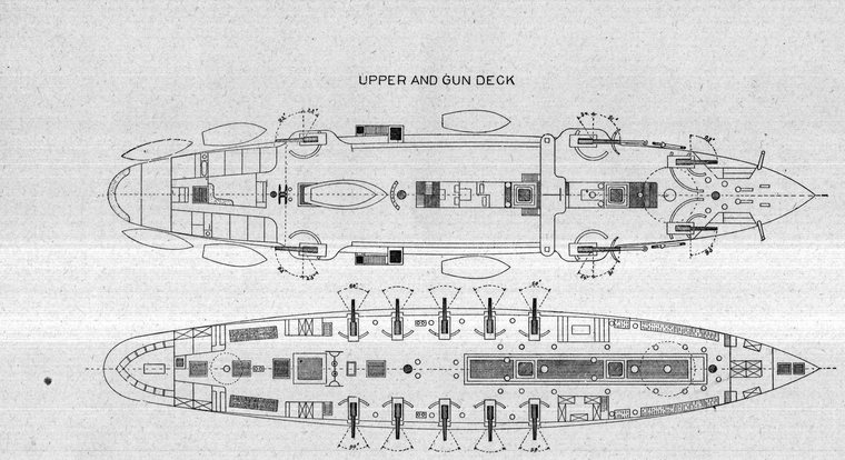 Upper and gun deck plans of a man-of-war